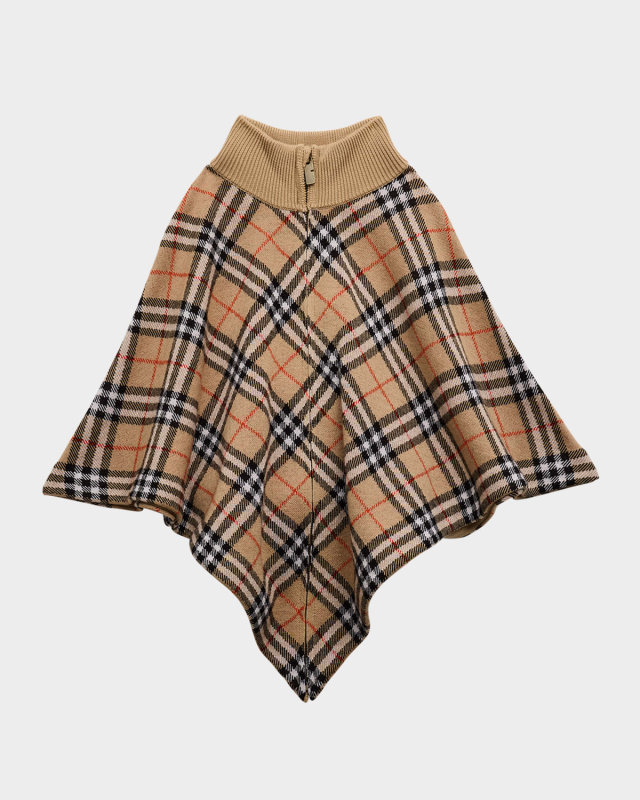 Girl's Lette Wool-Blend Check Cape, Size M-L